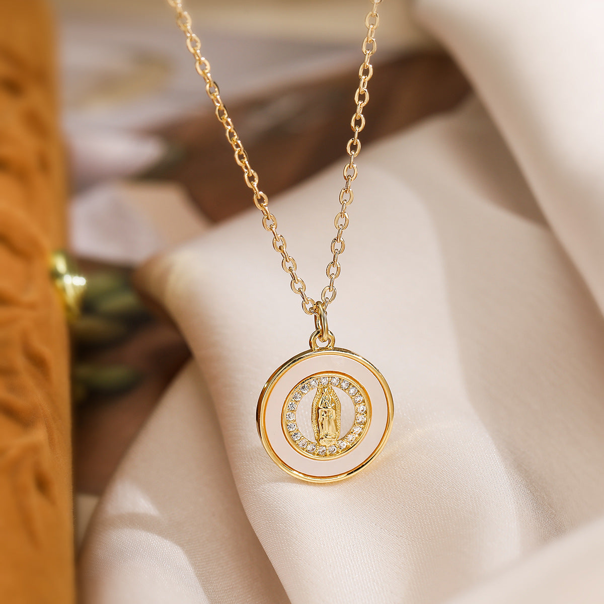 Minimalist Cross-Shaped Pendant Necklace for Women with Copper Base Plated in 18K Gold Featuring White Abalone and Cubic Zirconia on a Delicate Clavicle Chain