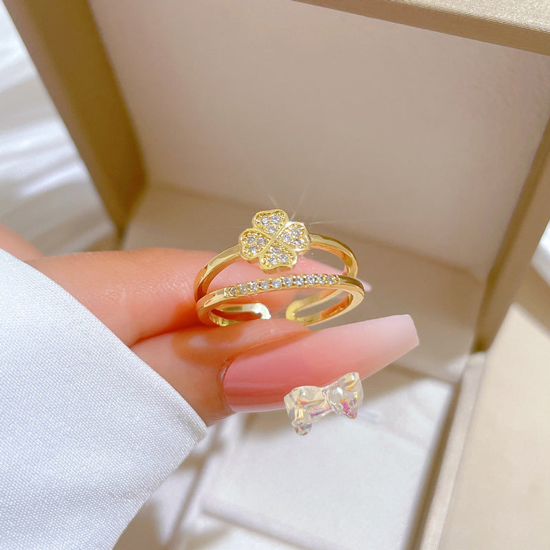 Sweet Minimalist Gold Plated Brass Floral Ring with Rhinestones Adjustable Open Band for Women and Couples