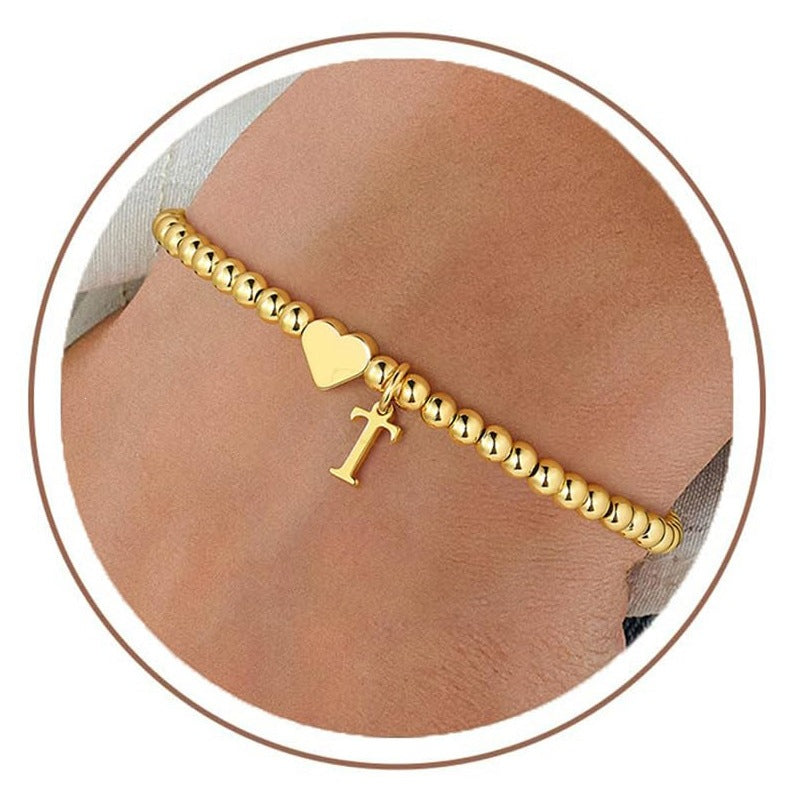 Gold Plated Stainless Steel Heart Letter Charm Bracelet for Women