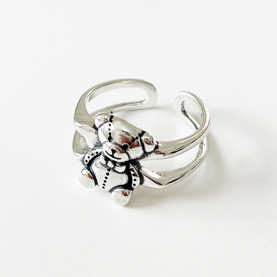 Minimalist Bear-Shaped 925 Sterling Silver Ring for Women with Inlay Craftsmanship