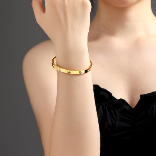 Minimalist Stainless Steel Polished Bracelet with Rhinestone Inlay, Hypoallergenic Fashion Jewelry for Women