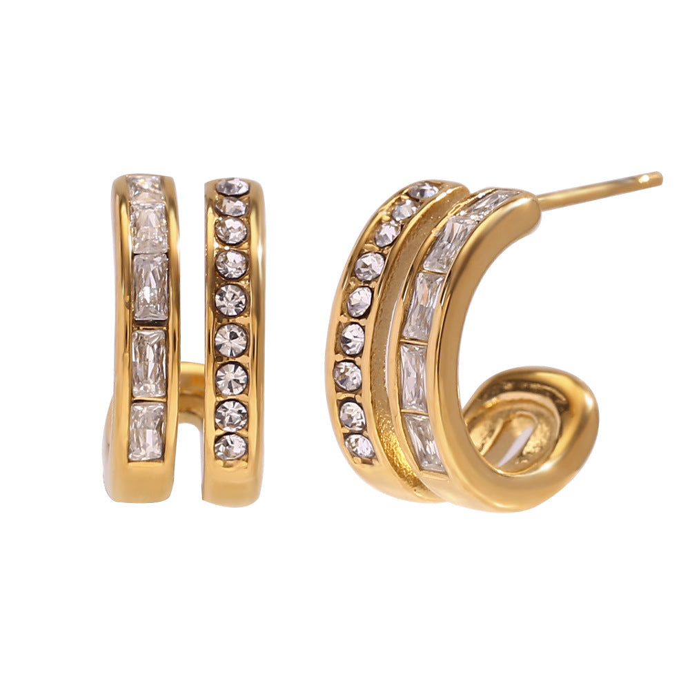 Orecchini a clip geometrici in acciaio inossidabile d'ispirazione vintage placcati oro 18 carati con zirconia cubica da donna