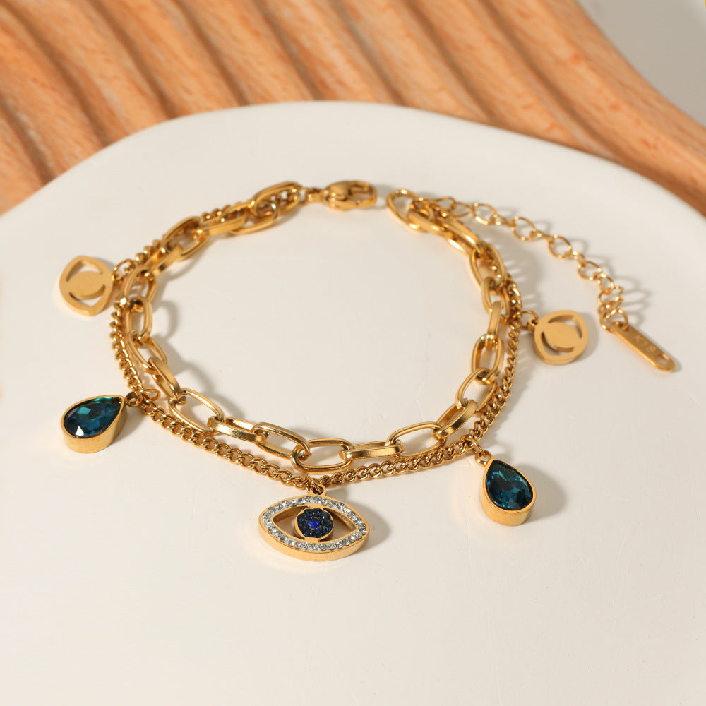 Geometric Evil Eye Double Layer Bracelet for Women and Men in Stainless Steel with 18K Vacuum Plating and Zircon Inlay