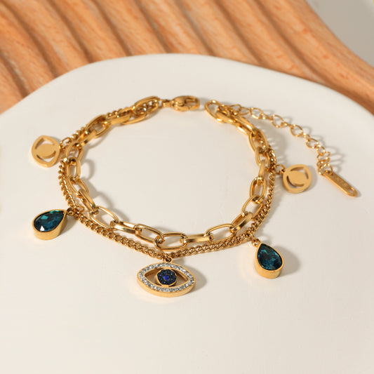 Bracciale geometrico a doppio strato con occhio di Allah per uomo e donna in acciaio inossidabile con placcatura sottovuoto in oro 18K e intarsio in zirconi