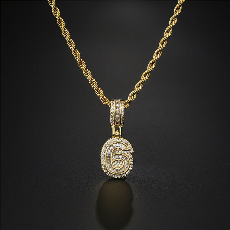 Hip-hop Punk Minimalist Gold Plated Brass Number Cubic Zirconia Pendant Necklace with Rope Chain for Men