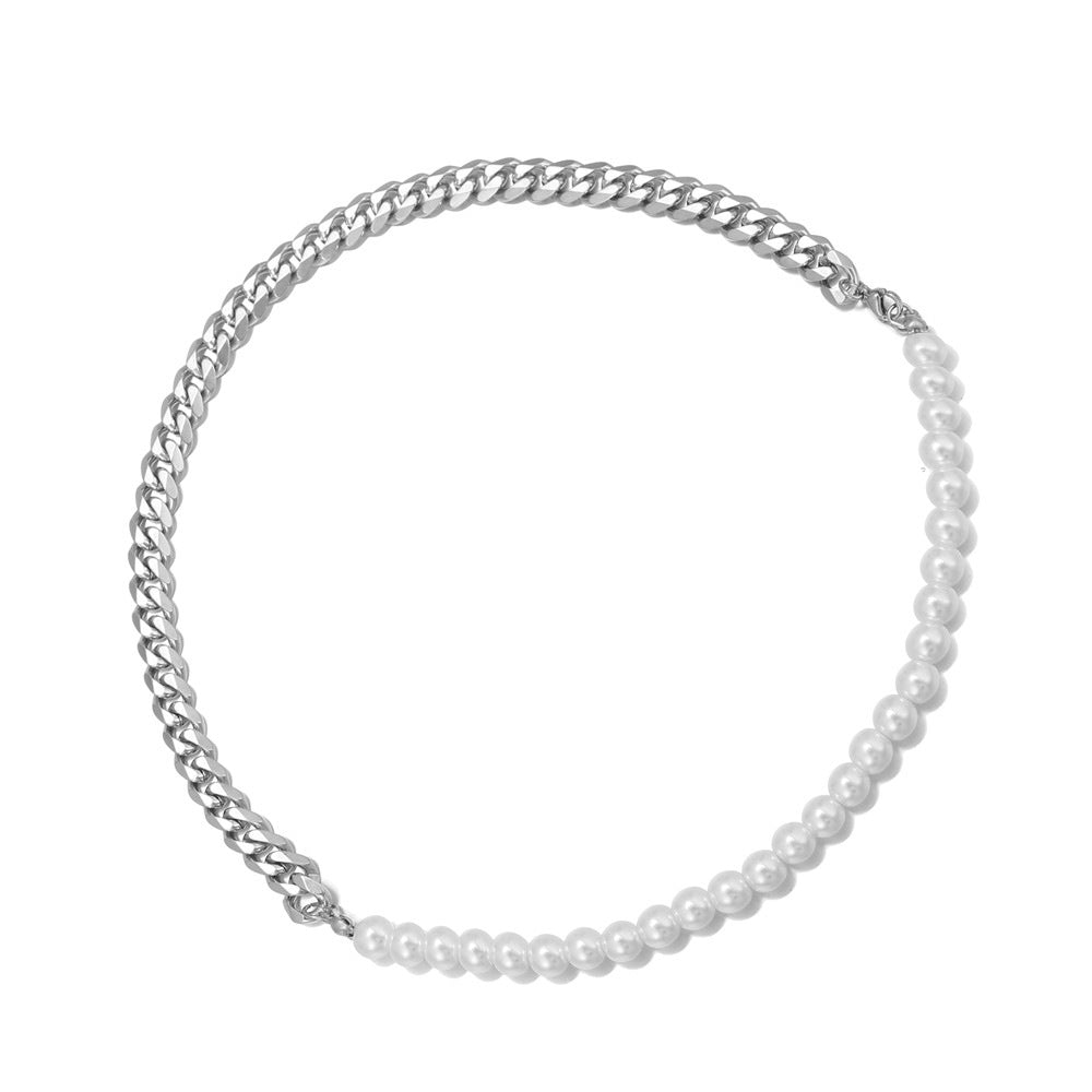Geometric Titanium Steel Cuban Link Box Chain Necklace with Pearl Unisex