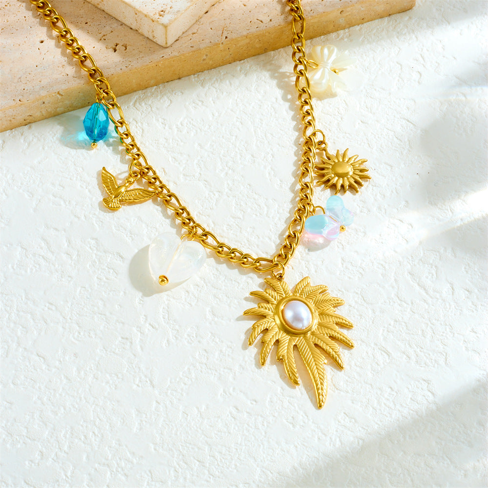 French Vintage Heart Floral Pearl Gemstone Plated Stainless Steel Curb Chain Necklace for Women