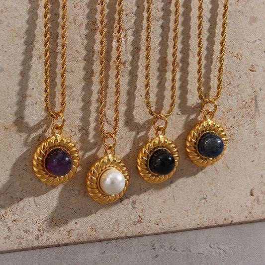 Vintage Fashion Geometric Agate Pendant Necklace in Stainless Steel with 18K Gold Plating and Wavy Chain