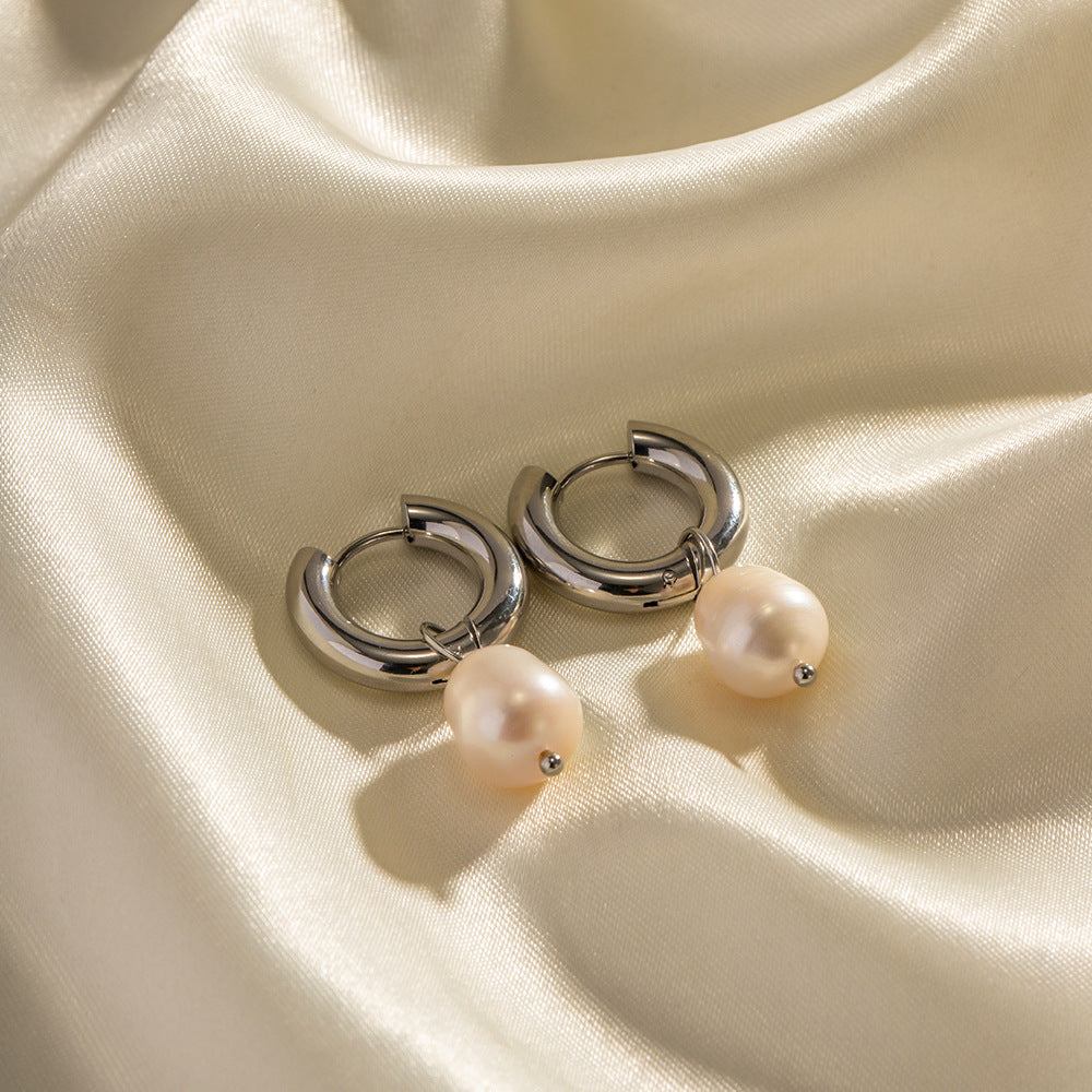 Pendientes minimalistas geométricos de acero inoxidable con colgante de perla natural de agua dulce para mujer