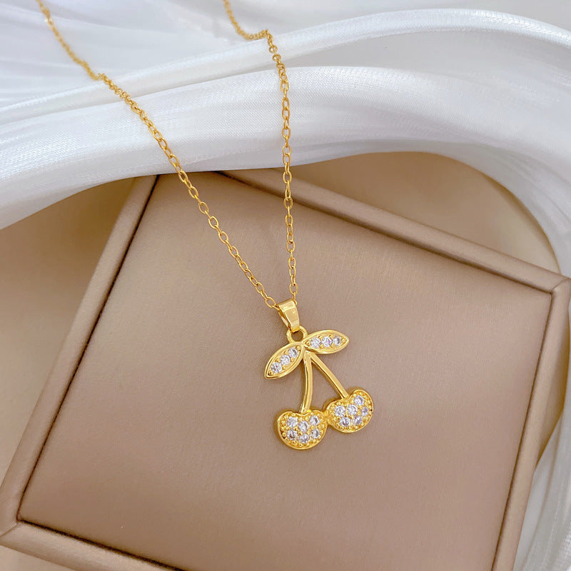 Collar de circonita cúbica con forma de cereza, lujo, geométrico, completo, para mujeres y hombres, cadena de titanio de acero para clavícula