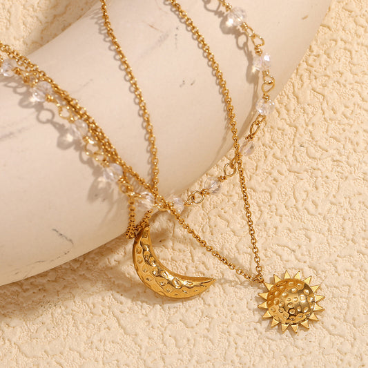 Minimalist Star and Moon Pendant Necklace for Women Stainless Steel with 18K Gold Plating Triple Layer Chain