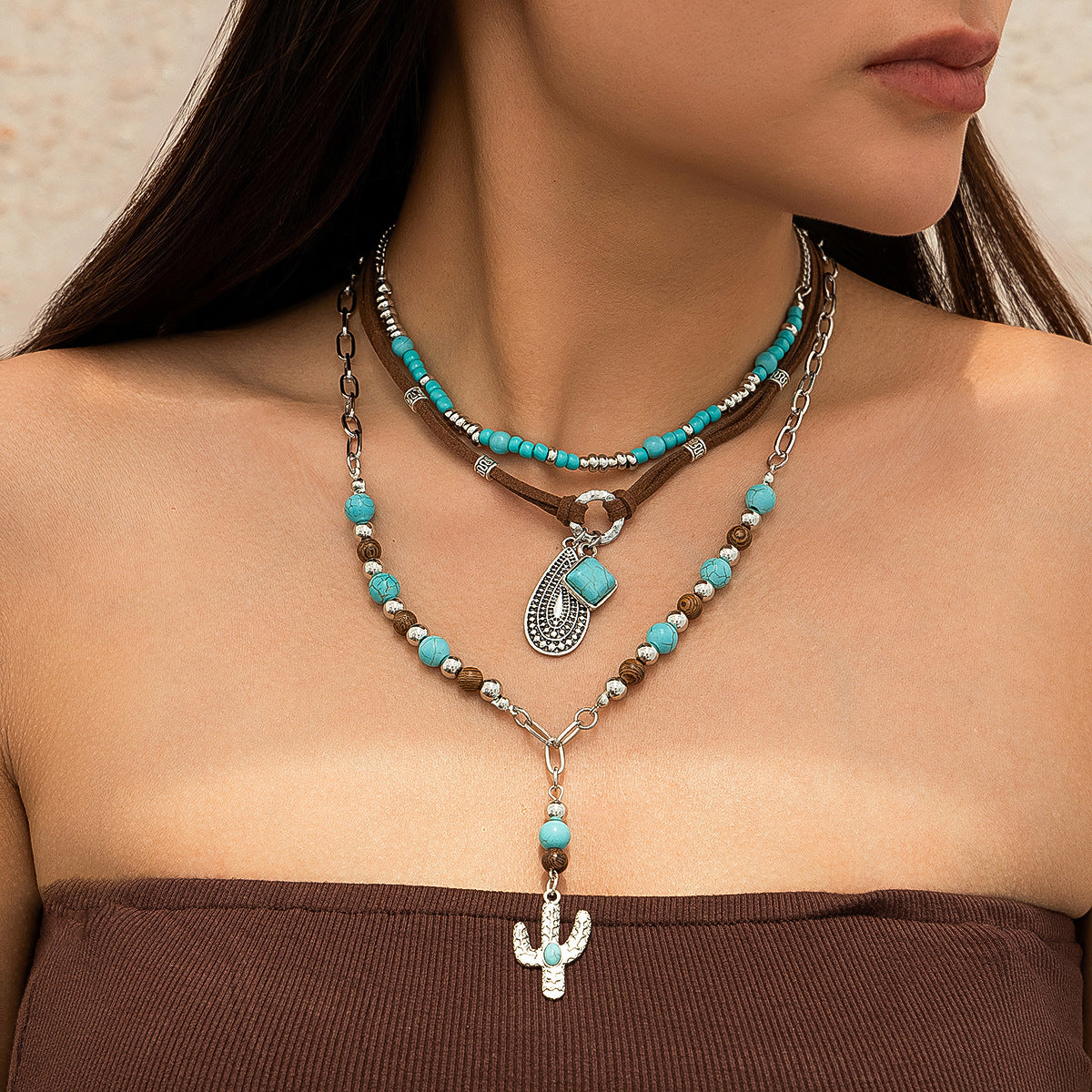 Vintage Bohemian Zinc Alloy Plated Cactus Leaf Pendant Ball Chain Necklace Set for Women