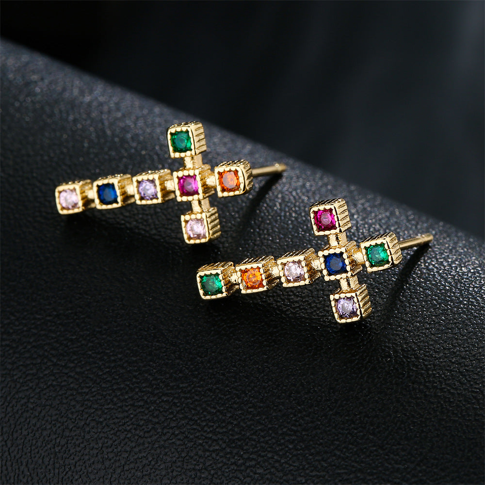 Geometric Minimalist Copper Earrings with 18K Gold Plating and Micro-Paved Zirconia for Women