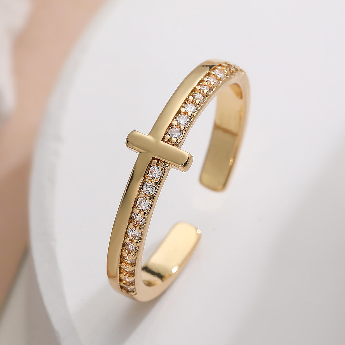 Minimalist 18K Gold Plated Brass Cross Ring with Cubic Zirconia for Women