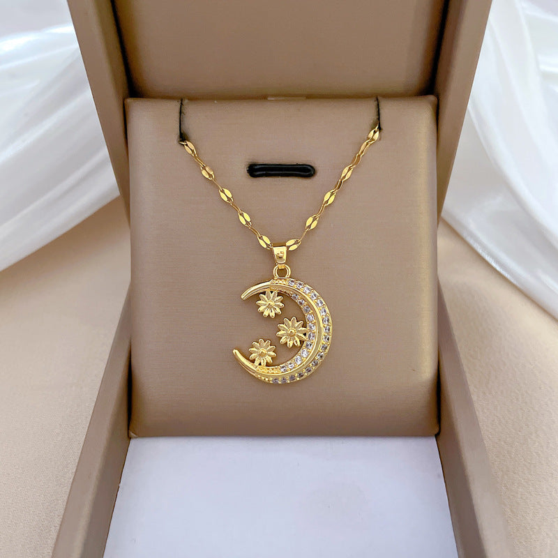 Minimalist Crescent Moon Floral Rhinestone Pendant Necklace for Women Titanium Steel Snake Chain Elegant Clavicle Jewelry