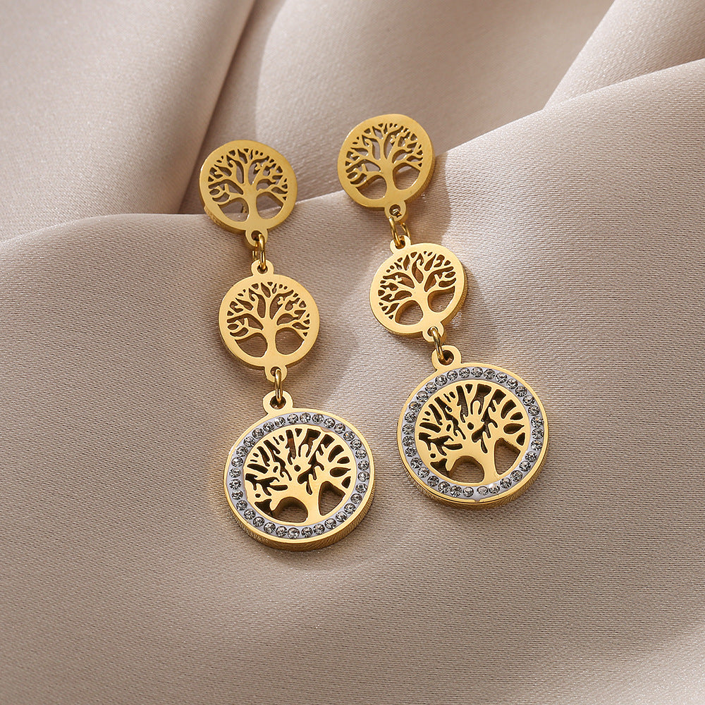 Minimalist Geometric Titanium Steel Earrings for Women with Rhinestone Tree Inlay and Plated Finish