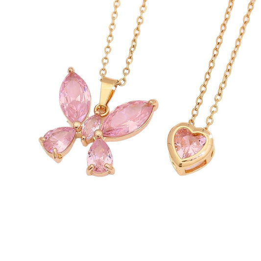 Collar de Acero Inoxidable con Colgante de Corazón de Moda, Hoja en Forma de Gota de Agua Floral y Circonita Cúbica