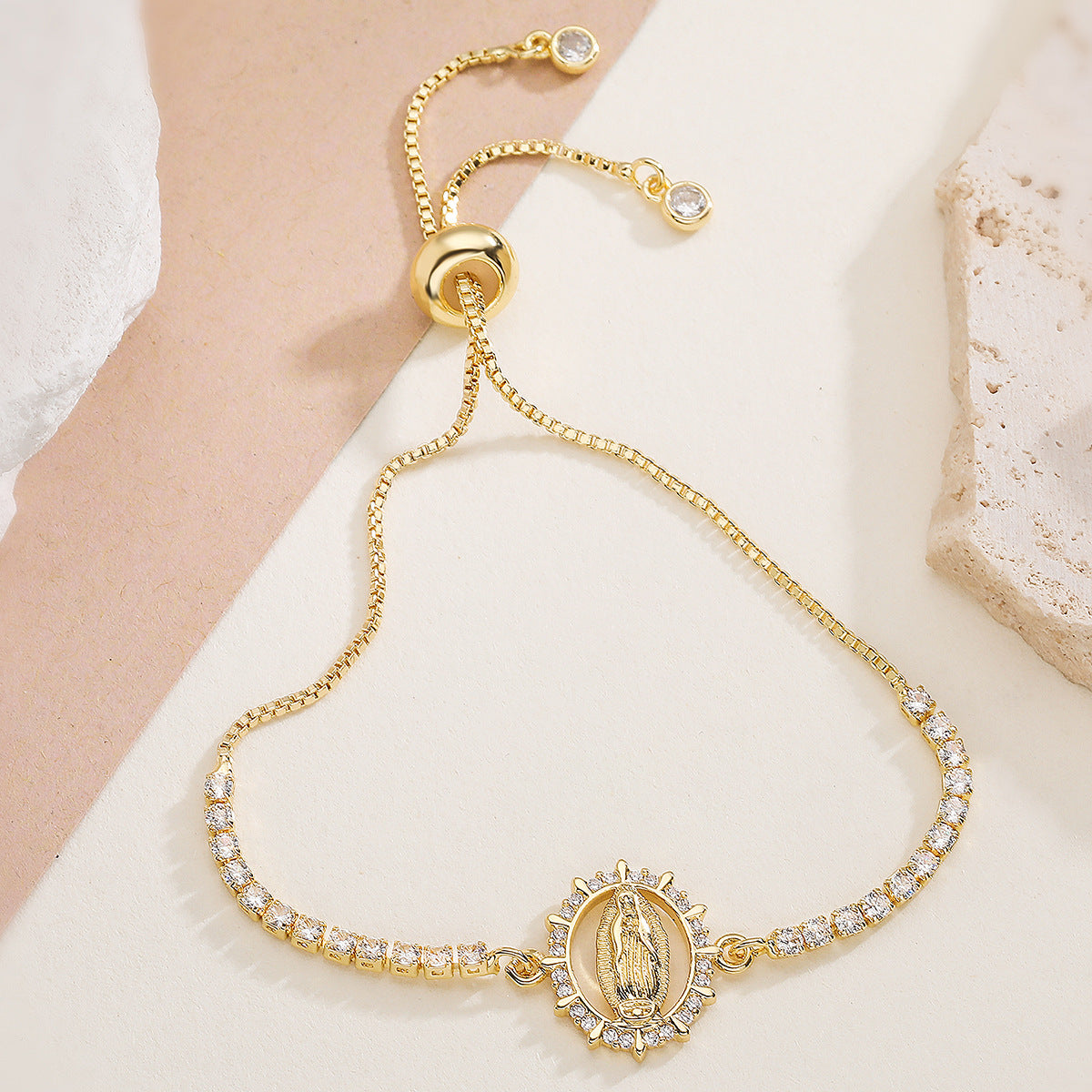 Elegant 18K Gold Plated Brass Geometric Bracelet with Cubic Zirconia Virgin Mary Charm Adjustable Drawstring for Women