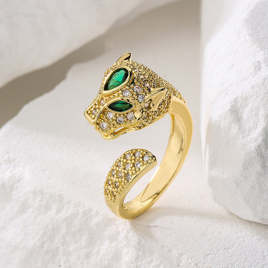 Minimalist Geometric Leopard-Shaped Copper Ring with 18K Gold Plating and Micro-Pavé Zirconia for Women