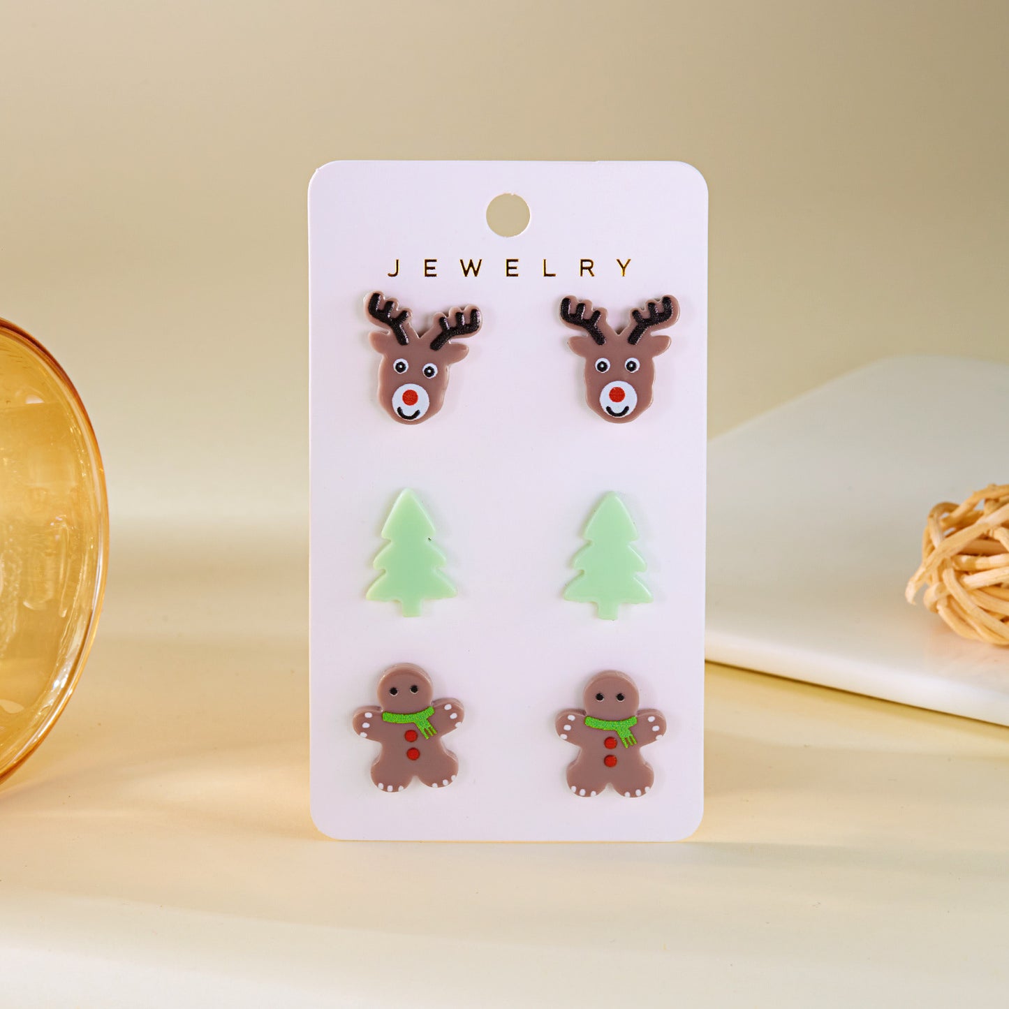 Set de pendientes de acrílico con diseño de ciervo navideño y acabado chapado para uso unisex en vacaciones