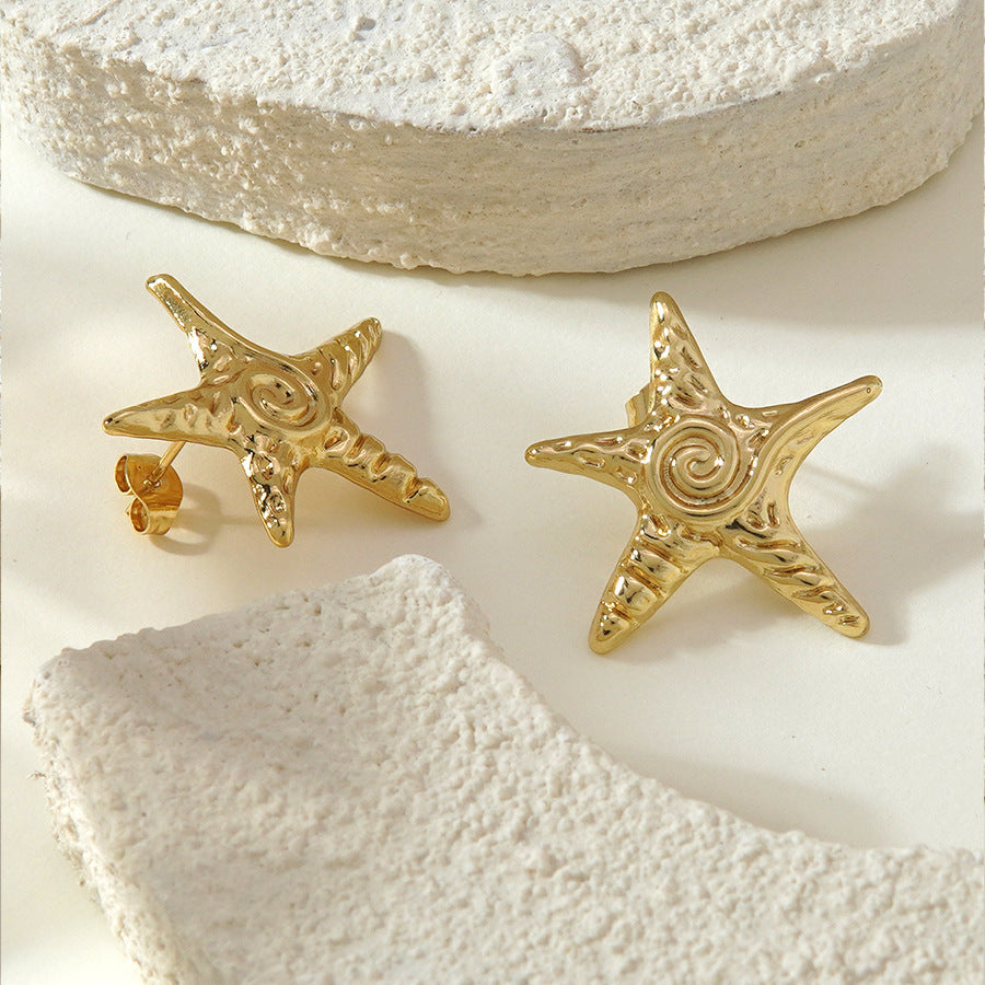 Casual Beach Style Irregular Starfish and Conch Stainless Steel Earrings for Women