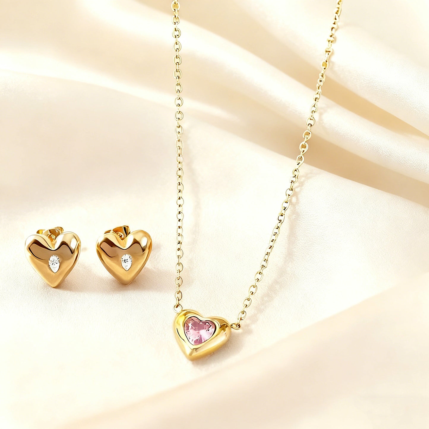 Set di collana e orecchini da donna in acciaio inossidabile placcato con zirconia cubica, design elegante e minimalista a forma di cuore