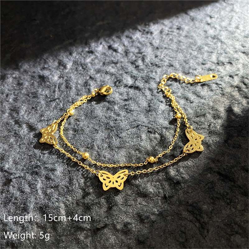 Original Design Geometric Four-Leaf Clover Roman Numeral Double-Layer Bracelet in Titanium Steel with Gold Plating
