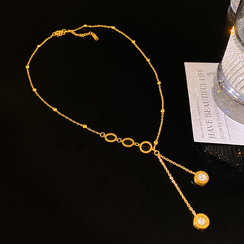 Sweet Streetwear Micro-set Cubic Zirconia Number Tassel Titanium Steel Necklace for Unisex