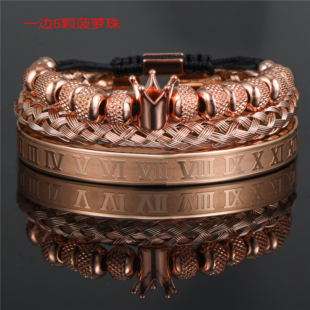 Vintage Crown Geometric Micro-inlay Stainless Steel Mesh Open Cuff Bracelet Set for Unisex