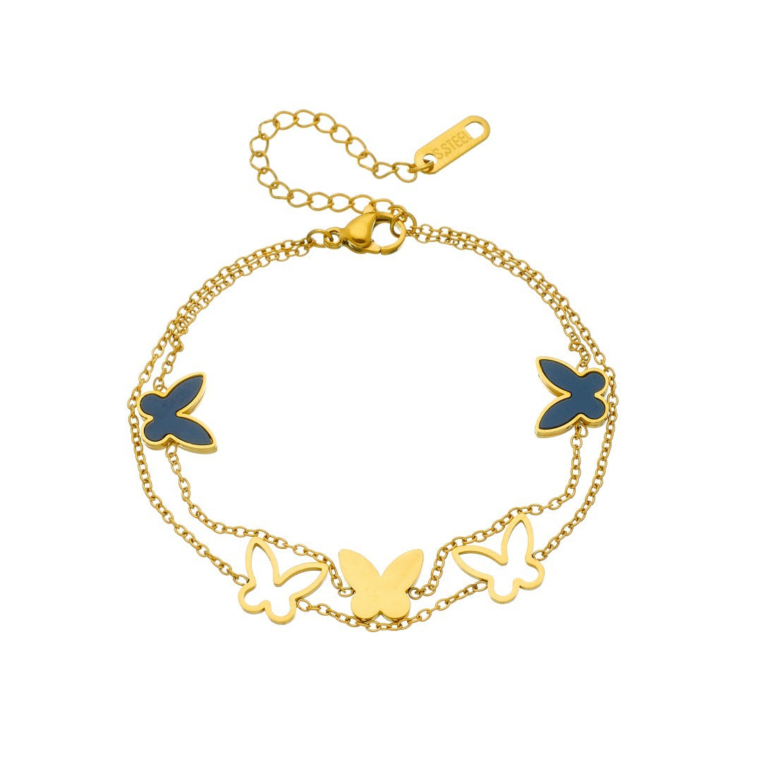 Hollow Black Butterfly Stainless Steel Gold Plated Double Layer Chain Bracelet for Women