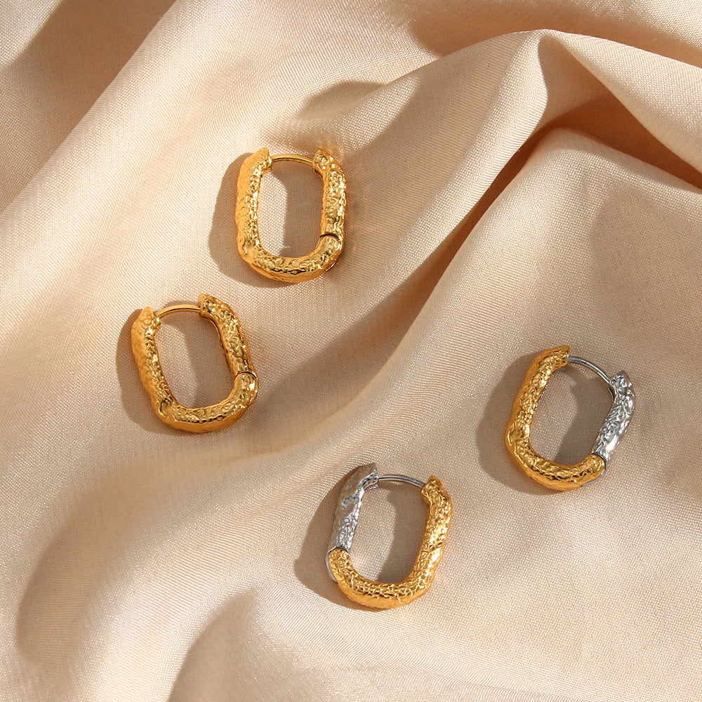Vintage-Inspired Geometric Stainless Steel Hoop Earrings with Distressed Texture and Polished Finish for Women