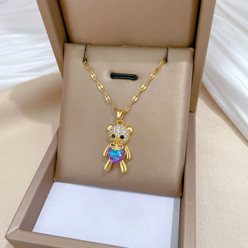 Minimalist Heart-Shaped Bear Pendant Necklace in Stainless Steel with Rhinestone Accents for Women and Men