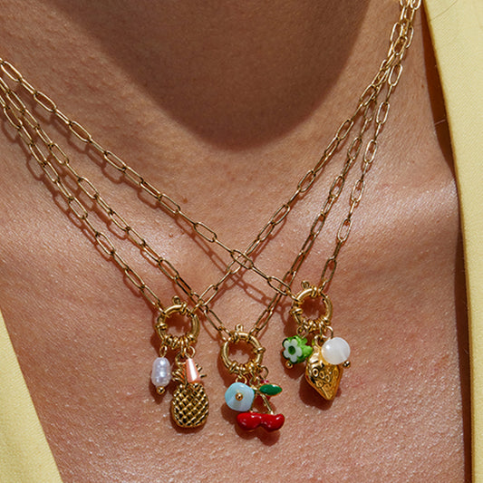 Geometric Strawberry Pendant Necklace in Stainless Steel with Titanium Steel Accents and Electroplated Finish for Women