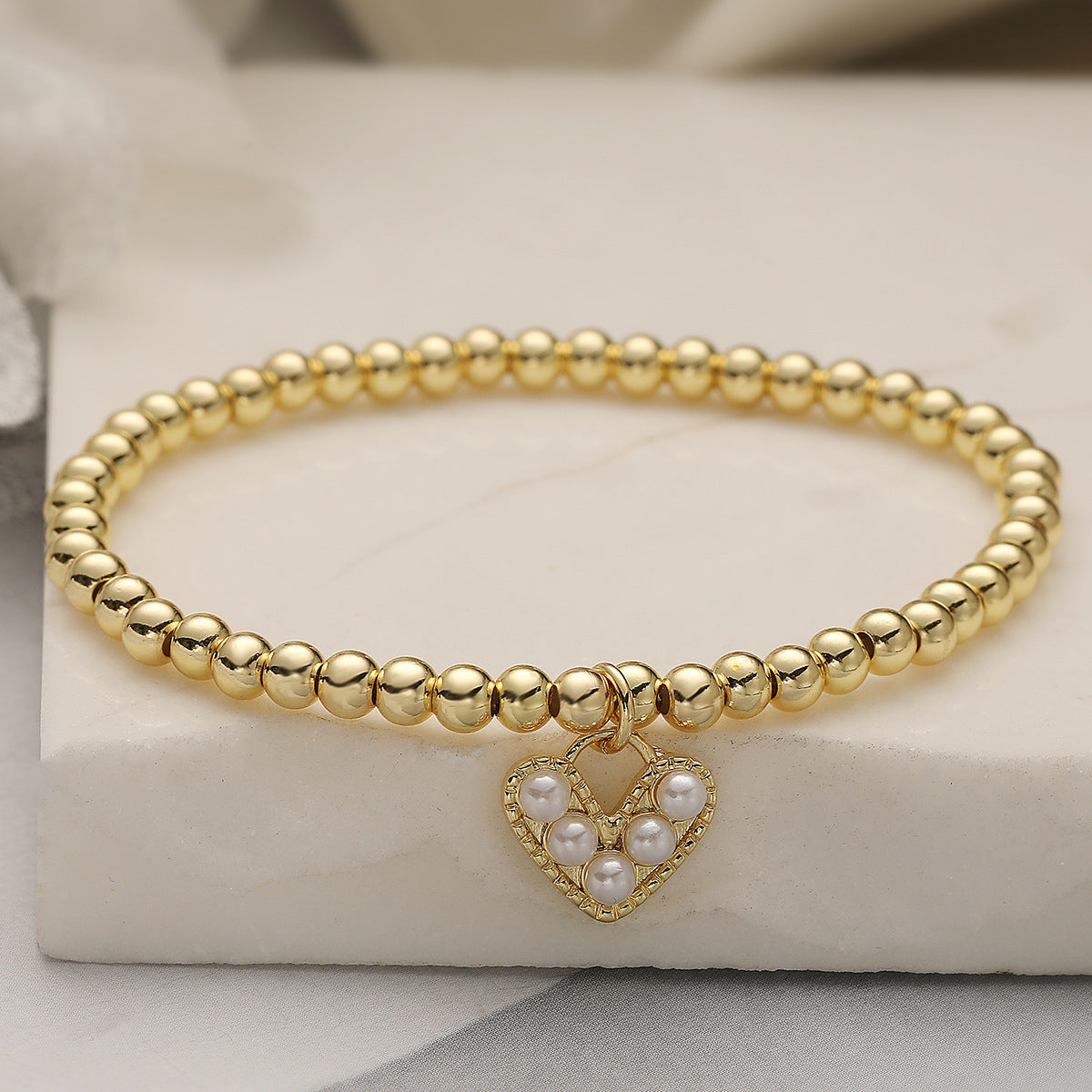 18K Gold Plated Brass Heart Geometric Cubic Zirconia Inlay Ball Chain Bracelet for Women
