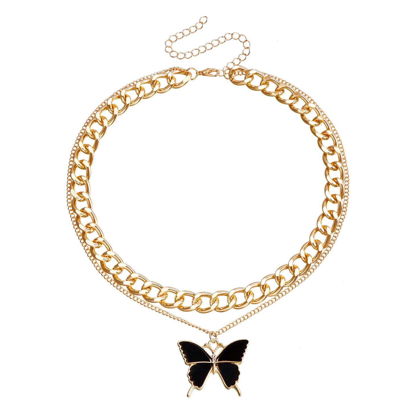 Elegant Two-Tier Black Butterfly Pendant Necklace for Women with Electroplated Metal Chain and Mother-of-Pearl Effect