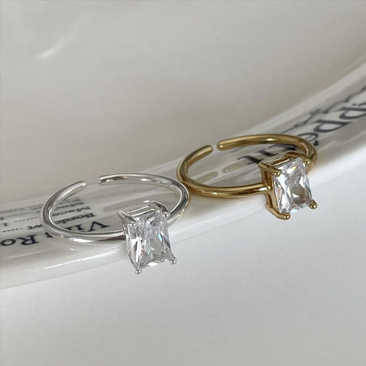 Minimalist Sweet 925 Sterling Silver Geometric Square Rhinestone Plated Open Ring