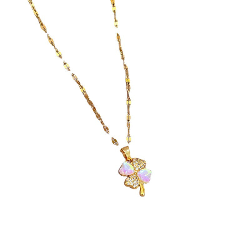 Aurora Clover Pendant Necklace for Women Stainless Steel Geometric Collar Chain with Rhinestone Inlay Natural Fresh and Sweet Style