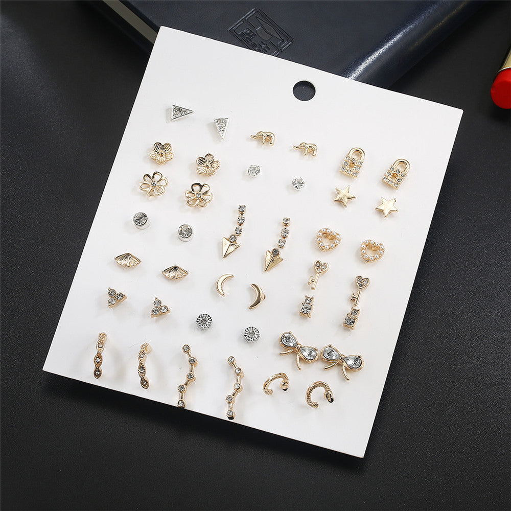 Heart Butterfly Star Alloy Earring Set with Rhinestone and Pearl Inlay for Women