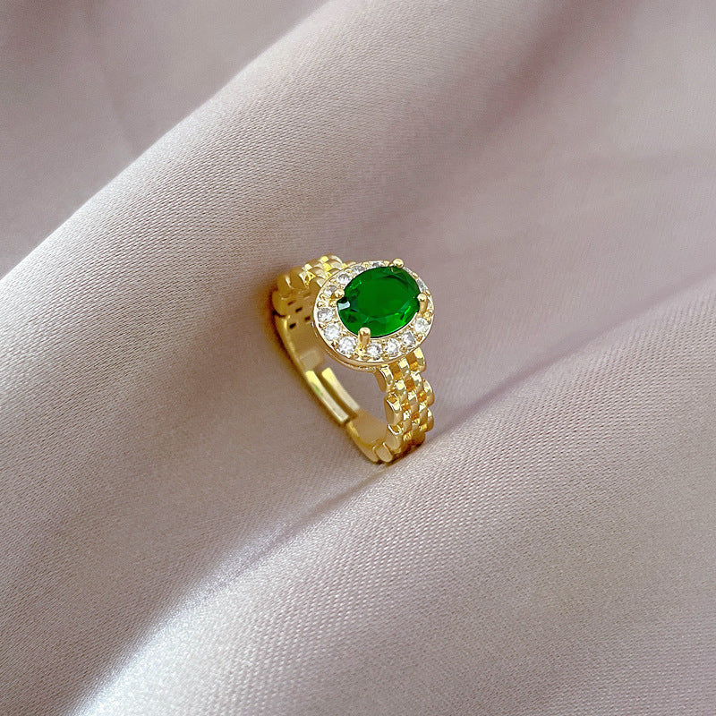Anello regolabile in ottone con smeraldo a forma di corona "Kawaii Fresh and Sweet" da donna