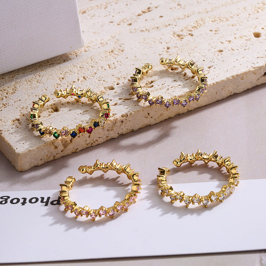 Anillo de Cobre Geométrico Minimalista con Baño de Oro de 18K e Incrustaciones de Circonitas para Mujer, Banda Abierta Ajustable