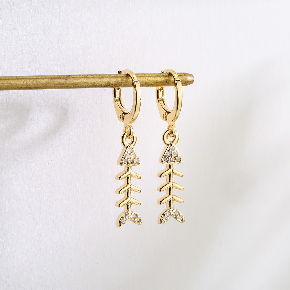 Minimalist Geometric Pineapple Fishbone Earrings for Women with Copper Base Plated in 18K Gold and Micro-Paved Zirconia