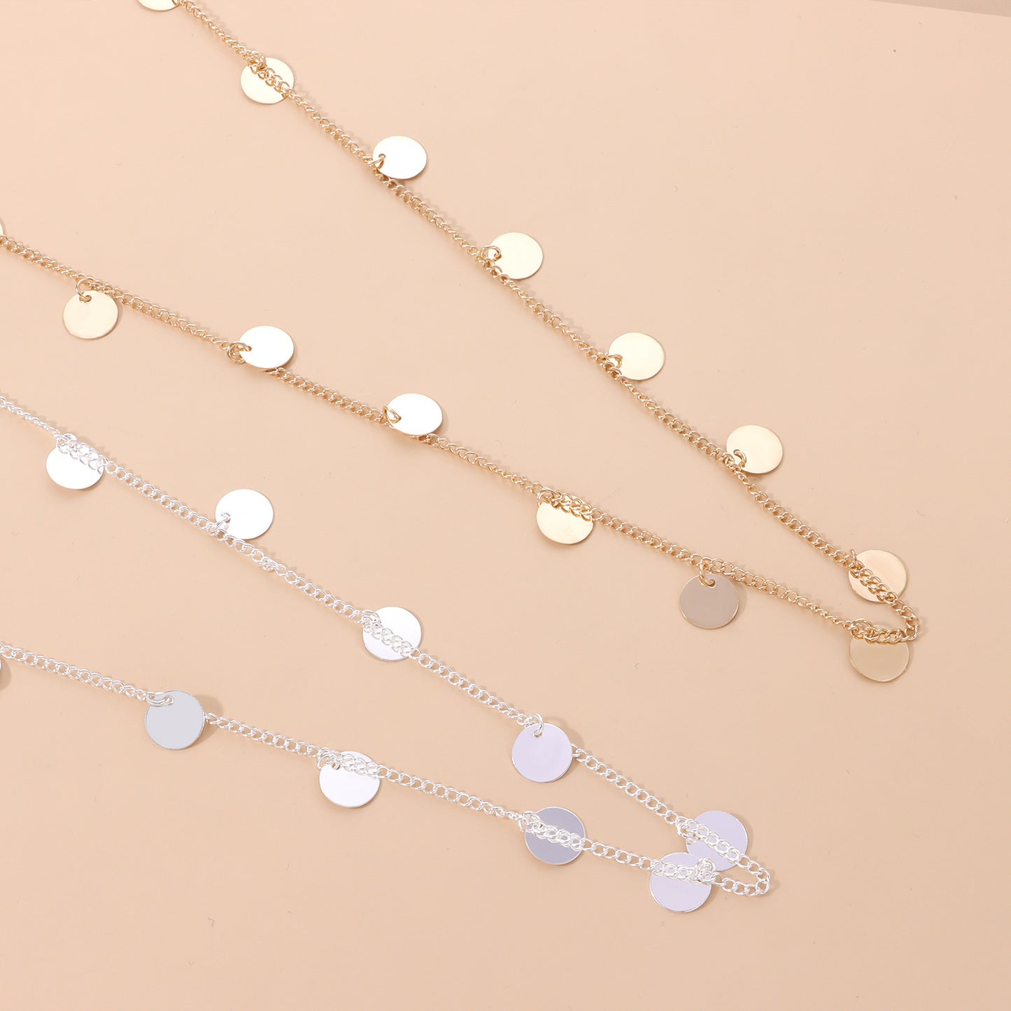 Minimalist Geometric Double Layer Sequin Metal Necklace for Women Adjustable Long Pendant Necklace
