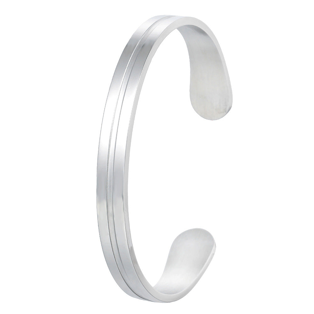 Men's Geometric Round Polished Plated Stainless Steel C-Shape Open Cuff Bracelet
