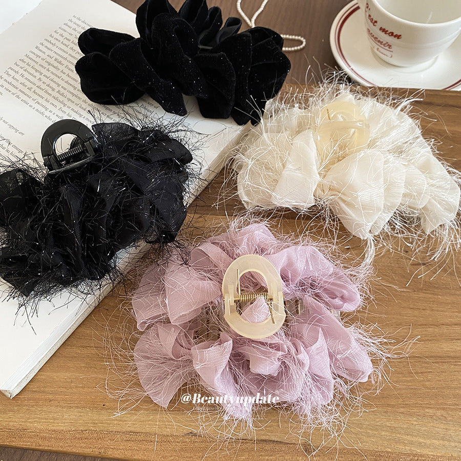Elegante Fermaglio per Capelli Floreale in Acrilico e Tessuto da Donna con Chiusura a Squalo, Stile Lusso Minimalista per Ufficio o Uso Quotidiano