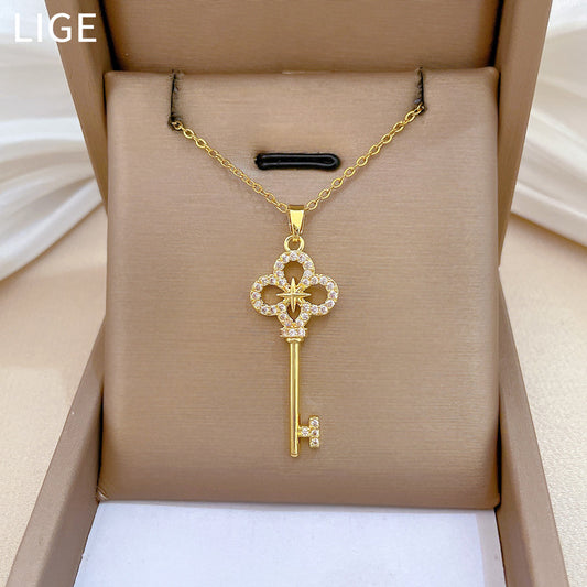 Sweet Star Cross Rhinestone Plated Titanium Steel Necklace Unisex Cable Chain
