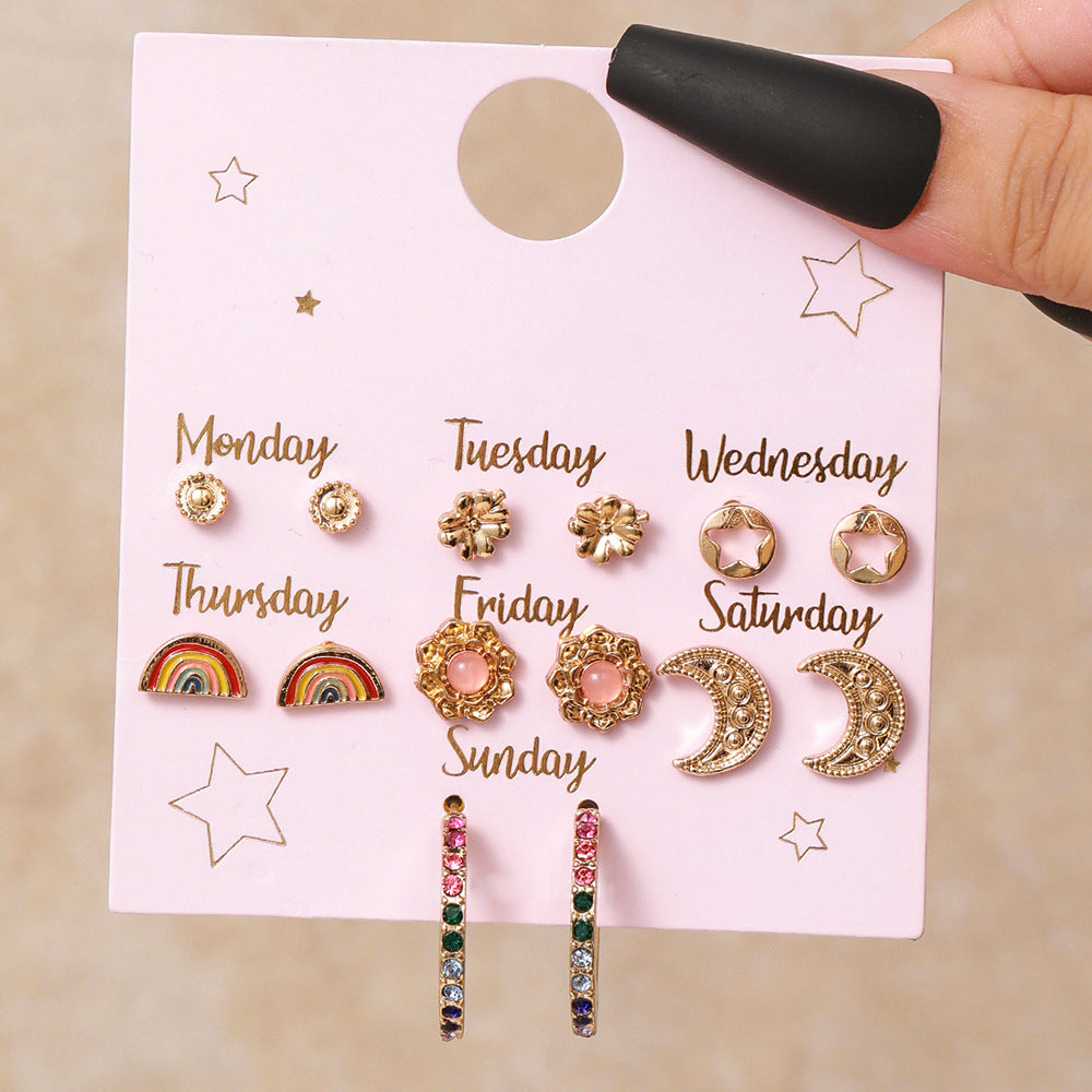 Minimalist Sweet Geometric Floral Rhinestone Inlay Alloy Stud Earrings Set with Stainless Steel Posts