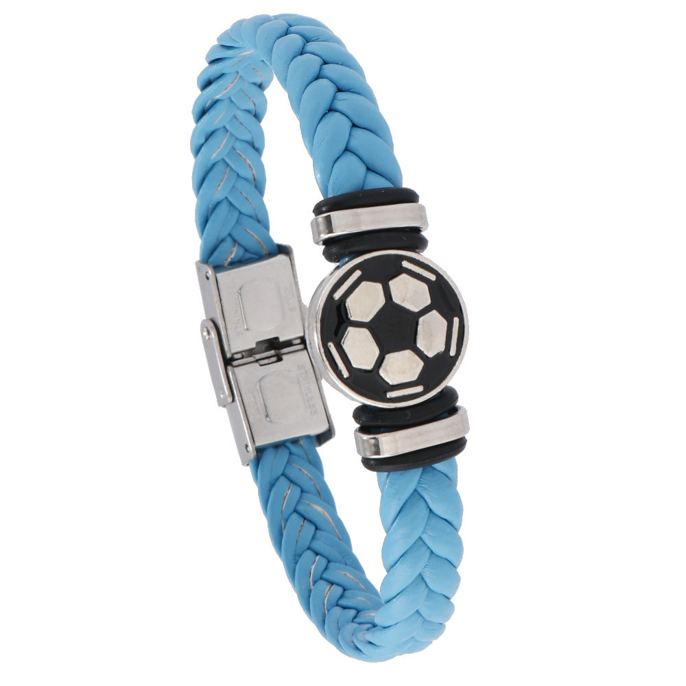 Pulsera unisex de cuero con diseño geométrico pulido y elemento luminoso de balón de fútbol