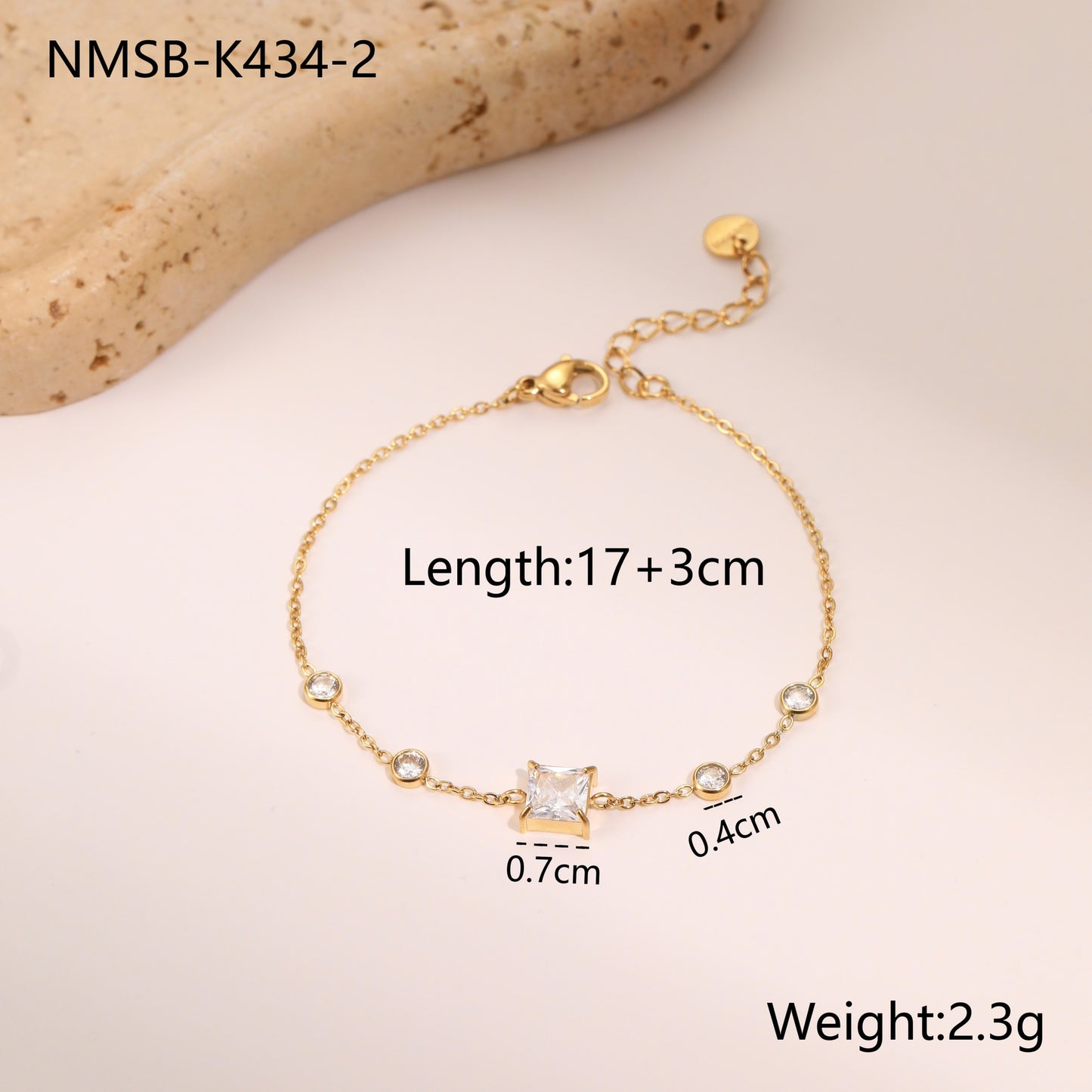 Minimalist French Elegant Square Zirconia Titanium Steel Bracelet with Gold Plating for Women
