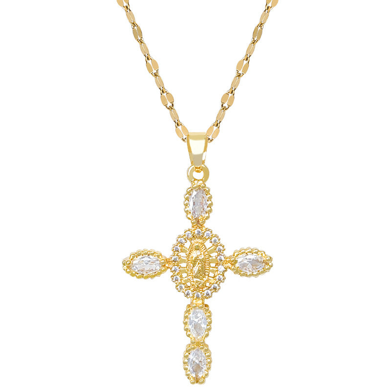 Sweet Full Rhinestone Cross Geometric Titanium Steel Necklace for Unisex