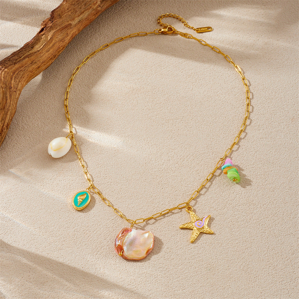 Sweet Gold Plated Drip Oil Starfish Shell Stainless Steel Necklace with Colorful Gemstones for Women